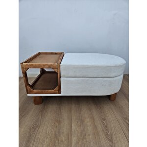 Sandıklı Bohem Ahşap Ayaklı Puf /bench ,yan Ahşap Sehpalı Beyaz Sandıklı Puf ,keten Kumaş Puf