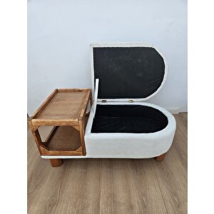 Sandıklı Bohem Ahşap Ayaklı Puf /bench ,yan Ahşap Sehpalı Beyaz Sandıklı Puf ,keten Kumaş Puf