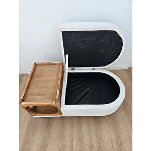 Sandıklı Bohem Ahşap Ayaklı Puf /bench ,yan Ahşap Sehpalı Beyaz Sandıklı Puf ,keten Kumaş Puf