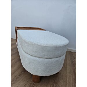 Sandıklı Bohem Ahşap Ayaklı Puf /bench ,yan Ahşap Sehpalı Beyaz Sandıklı Puf ,keten Kumaş Puf