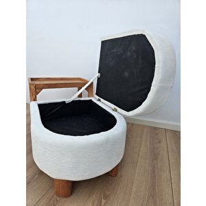 Sandıklı Bohem Ahşap Ayaklı Puf /bench ,yan Ahşap Sehpalı Beyaz Sandıklı Puf ,keten Kumaş Puf