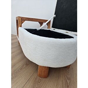 Sandıklı Bohem Ahşap Ayaklı Puf /bench ,yan Ahşap Sehpalı Beyaz Sandıklı Puf ,keten Kumaş Puf