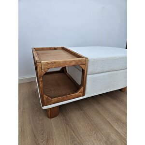 Sandıklı Bohem Ahşap Ayaklı Puf /bench ,yan Ahşap Sehpalı Beyaz Sandıklı Puf ,keten Kumaş Puf