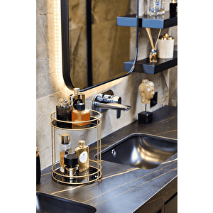 Gold 2 Katlı Banyo Organizer Düzenleyici Servis Sunum Ikramlık Pleksili-metal Paslanmaz