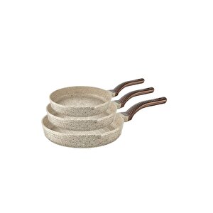 Wave - 3738 - 3 Parça Biogranit, Döküm, Grill Özellikli, Ergonomik Saplı, Tava Seti Kum Beji