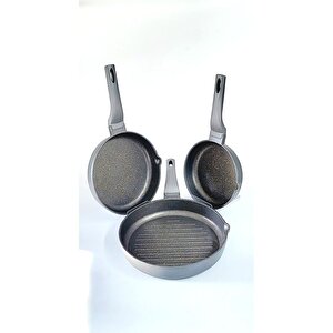 Wave - 3738 - 3 Parça Biogranit, Döküm, Grill Özellikli, Ergonomik Saplı, Tava Seti Antrasit