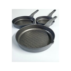 Wave - 3738 - 3 Parça Biogranit, Döküm, Grill Özellikli, Ergonomik Saplı, Tava Seti Antrasit