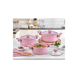 3027 - 6 Parça Biogranit, Ergonomik, Güveç Seti, Pembe Gövde - Pembe Detay