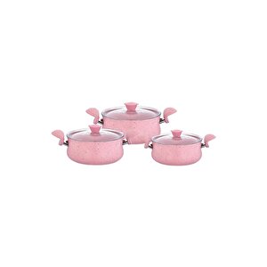 3027 - 6 Parça Biogranit, Ergonomik, Güveç Seti, Pembe Gövde - Pembe Detay