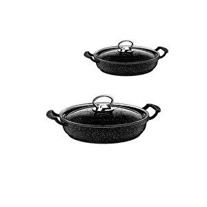 3286 - 4 Parça, Biogranit, Döküm, Isıya Dayanıklı Cam Kapaklı, ( 18 - 22 Cm ) Sahan, Seti, Siyah