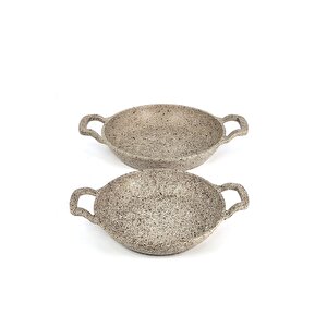 3728 - 2 Parça - Döküm, Bio Granit,  ( 16 Ve 20 Cm ) Sahan Seti, Kum Beji Rengi