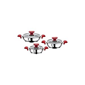 1034 - 6 Parça, Paslanmaz Çelik, İndüksiyonlu, ( 16-18-20 Cm ) Sahan Seti Gümüş Gövde, Kırmızı Detay