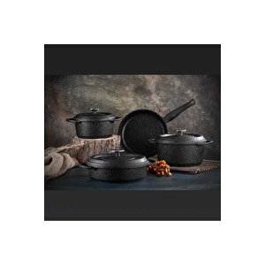Quartz Prıme - 3050 - 7 Parça, Biogranit, Döküm, Tencere Seti Siyah Gövde, Platin Detay