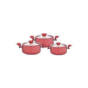 3027 - 6 Parça Biogranit, Ergonomik, Güveç Seti, Kırmızı Gövde - Kırmızı Detay