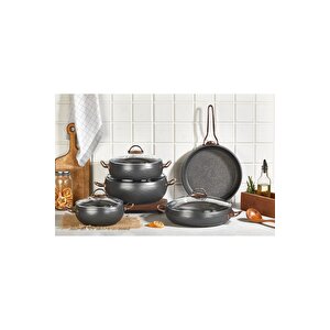 Espela - 3545 - 9 Parça - Bio Granit -tencere, Tava, Çeyiz Seti, Antrasit Renk - Bakır Detay