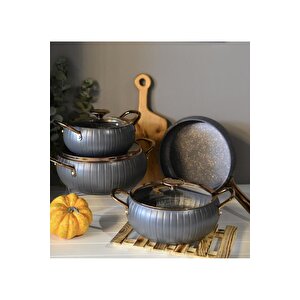 Meridian - 3528 - 7 Parça, Bio Granit, Tencere, Tava, Çeyiz Seti, Antrasit Gövde, Bakır Detay