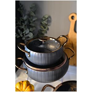 Meridian - 3528 - 7 Parça, Bio Granit, Tencere, Tava, Çeyiz Seti, Antrasit Gövde, Bakır Detay