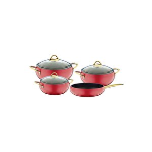 Elegant - 3039 -7 Parça, Bio Granit, Tencere, Tava, Çeyiz Seti, Simli Kırmızı Gövde, Gold Detay