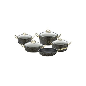 Avangarde - 3037 - 9 Parça - Bio Granit -tencere, Tava, Çeyiz Seti, Siyah Gold Çizgi - Gold Detay