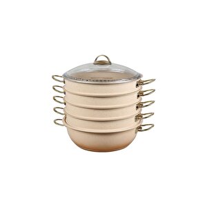 6091c 6 Parça Bio Granit 32 Cm Mantı Tencere Seti Krem Rengi