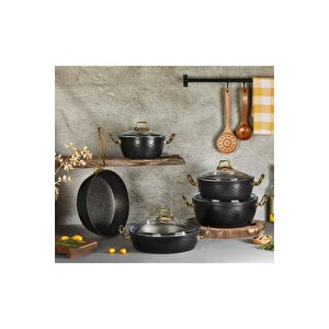 3543 - Mermaid Sets - 9 Parça, Biogranit, Geniş Taban, Tencere Seti Siyah Gövde, Gold Detay