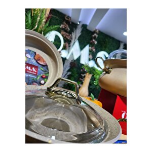 Bakraç - 3044 - 7 Parça, Biogranit, Indüksiyonlu, Tencere Seti, Krem Gövde - Gold Detay