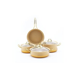 Bakraç - 3044 - 7 Parça, Biogranit, Indüksiyonlu, Tencere Seti, Krem Gövde - Gold Detay