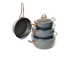 3542 - Mermaid Sets - 7 Parça, Biogranit, Geniş Taban, Tencere Seti Antrasit Gövde, Bakır Detay