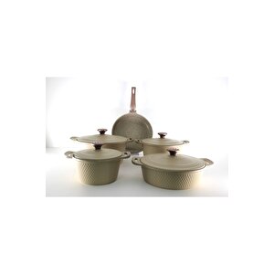 Triana - 3537 - 9 Parça Biogranit, Döküm, Tencere , Tava, Çeyiz Seti - Krem Renk