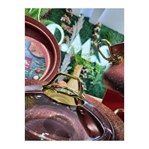 Bakraç - 3044 - 7 Parça, Biogranit, İndüksiyonlu, Tencere Seti, Kırmızı Gövde, Gold Detay
