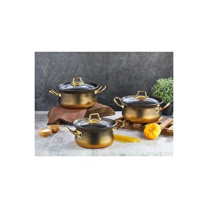 3047 - 6 Parça - Bio Granit - Bakraç Model, Güveç Seti, Siyah - Bakır Gövde - Bakır Detay