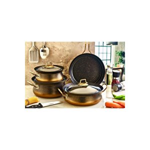 Bakraç - 3044 - 7 Parça, Biogranit, Indüksiyonlu, Tencere Seti, Siyah- Gold Gövde, Gold Detay