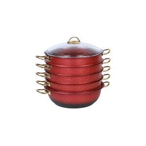 6091c 6 Parça Bio Granit 28 Cm Mantı Tencere Seti Kırmızı