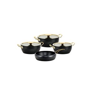 Sirena - 3540 -7 Parça, Bio Granit, Pfoa, Ptfe Free, Tencere, Tava Çeyiz Seti, Siyah, Gold Detay