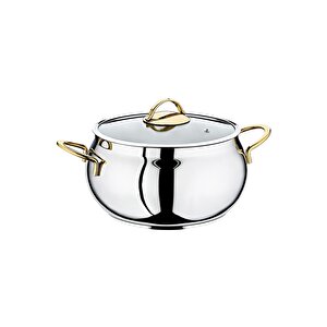 2031 2 Parça Paslanmaz Çelik Çift Kulplu 30x10 Cm 13,5 Litre Çerçeveli Cam Kapaklı Tencere Gold Sap