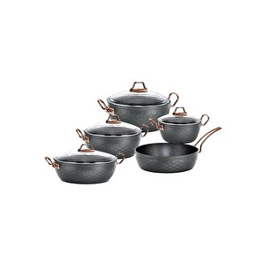 3543 - Mermaid Sets - 9 Parça, Biogranit, Geniş Taban, Tencere Seti Antrasit Gövde, Bakır Detay