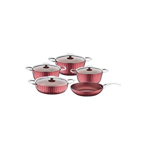 Colonna - 3517 - 9 Parça, Bio Granit, Sağlıklı, Tencere, Tava Seti, Bordo, Platin Detay