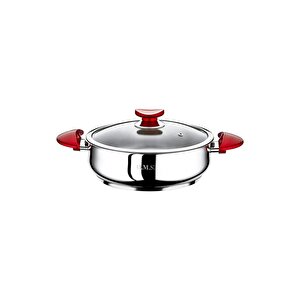 2038-l 2 Parça Paslanmaz Çelik 24x8 Cm 3,00 Litre Basık Sos, Mama Tenceresi Kırmızı