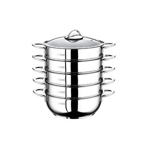 6090 C 6 Parça Paslanmaz Çelik, Cam Kapaklı 32x10 Cm - 7 Litre Buharlı Pişirici, Mantı Tenceresi