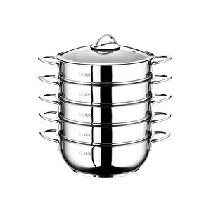 6090 C 6 Parça Paslanmaz Çelik, Cam Kapaklı 32x10 Cm - 7 Litre Buharlı Pişirici, Mantı Tenceresi