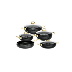 Espela - 3545 - 9 Parça - Bio Granit -tencere, Tava, Çeyiz Seti, Siyah Renk - Gold Detay