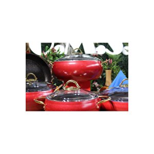 Elegant - 3040 - 9 Parça Bio Granit, Simli Parlak Kaplama Tencere, Tava Çeyiz Seti Kırmızı Renk