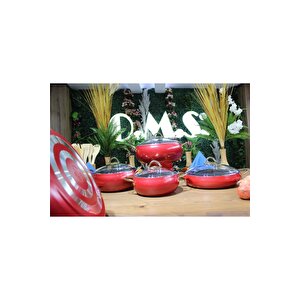 Elegant - 3040 - 9 Parça Bio Granit, Simli Parlak Kaplama Tencere, Tava Çeyiz Seti Kırmızı Renk