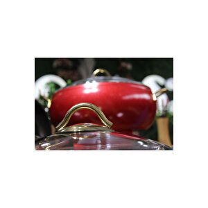 Elegant - 3040 - 9 Parça Bio Granit, Simli Parlak Kaplama Tencere, Tava Çeyiz Seti Kırmızı Renk