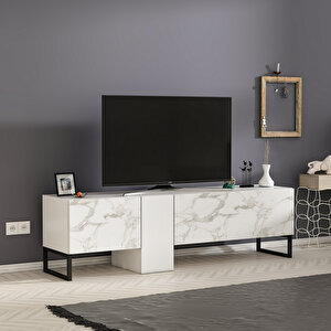 T0016 Kapaklı, Metal Ayaklı, Tv Sehpası, Beyaz/beyaz Mermer Beyaz Beyaz Mermer