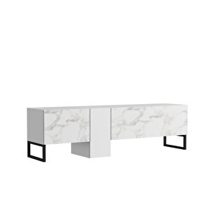 T0016 Kapaklı, Metal Ayaklı, Tv Sehpası, Beyaz/beyaz Mermer