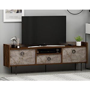 T0015 Lidya Kapaklı, Açık Raflı Tv Sehpası, Gordion Mermer/ceviz Mermer Ceviz