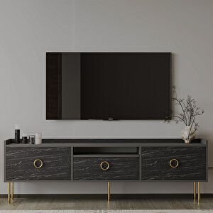 T0015 Lidya Kapaklı, Açık Raflı Tv Sehpası, Antrasit/siyah Mermer Antrasit - Siyah