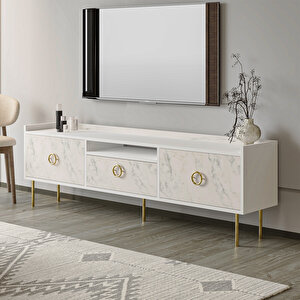 T0015 Lidya Kapaklı, Açık Raflı Tv Sehpası, Beyaz/mormo Beyaz Mermer Beyaz Beyaz Mermer