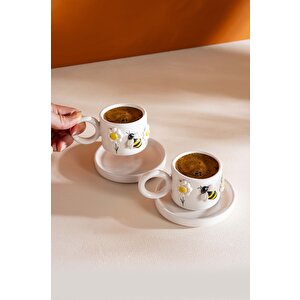 Arı & Papatya Amore El Yapımı Seramik İkili Türk Kahvesi Fincan Takımı